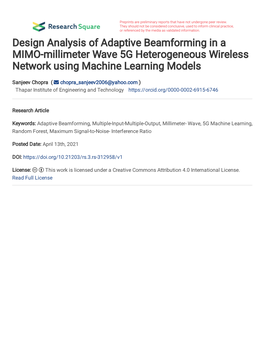 Design Analysis of Adaptive Beamforming in a MIMO-Millimeter Wave 5G Heterogeneous Wireless Network Using Machine Learning Models