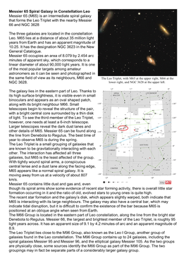 Messier 65 Spiral Galaxy in Constellation Leo Messier 65 (M65) Is an Intermediate Spiral Galaxy That Forms the Leo Triplet with the Nearby Messier 66 and NGC 3628