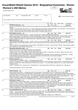 Exxonmobil Bislett Games 2010 • Biographical Summaries • Women Womenʼs 200 Metres 21:40 Diamond League Event