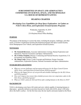 Subcommittee on Space and Aeronautics Committee on Science, Space, and Technology U.S. House of Representatives Hearing Charter