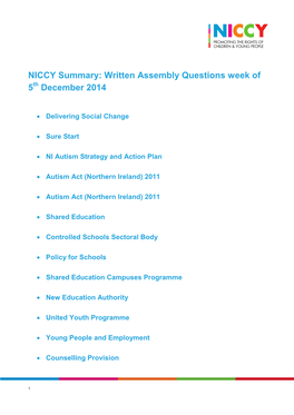 NICCY Summary: Written Assembly Questions Week of 5 December