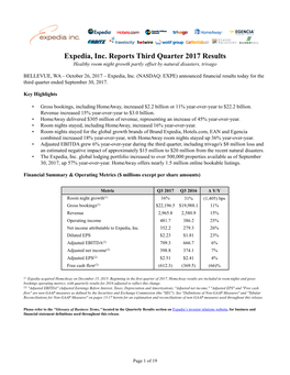 Expedia, Inc. Reports Third Quarter 2017 Results Healthy Room Night Growth Partly Offset by Natural Disasters, Trivago