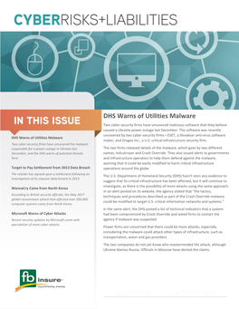 DHS Warns of Utilities Malware Two Cyber Security Firms Have Uncovered Malicious Software That They Believe Caused a Ukraine Power Outage Last December