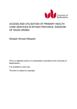 Access and Utilisation of Primary Health Care Services in Riyadh Province, Kingdom of Saudi Arabia