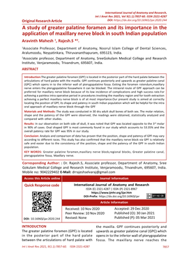 A Study of Greater Palatine Foramen and Its Importance in the Application of Maxillary Nerve Block in South Indian Population Aravinth Mahesh 1, Rajesh.S *2