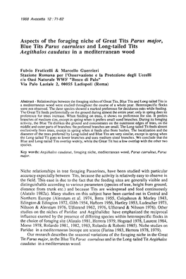 Aspects of the Foraging Niche of Great Tits Parus Major, Blue Tits Parus Caeruleus and Long-Tailed Tits Aegithalos Caudatus in a Mediterranea N Wood