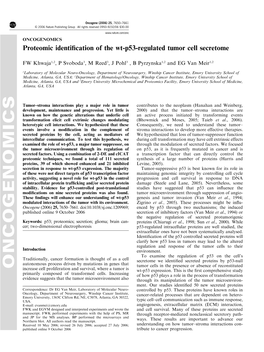 ONCOGENOMICS Proteomic Identiﬁcation of the Wt-P53-Regulated Tumor Cell Secretome