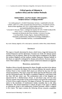 Critical Species of Odonata in Northern Africa and the Arabian Peninsula the Region Is Broadly Determined by Desert, Which Forms