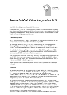 Rechenschaftsbericht Einwohnergemeinde 2016