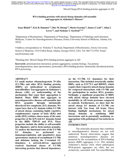 RNA-Binding Proteins with Mixed Charge Domains Self-Assemble and Aggregate in Alzheimer's Disease*