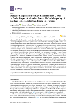 Increased Expression of Lipid Metabolism Genes in Early Stages of Wooden Breast Links Myopathy of Broilers to Metabolic Syndrome in Humans