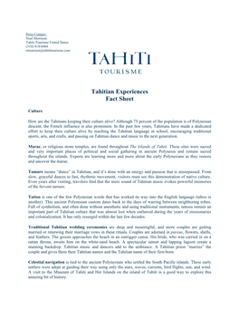 Tahitian Experiences Fact Sheet