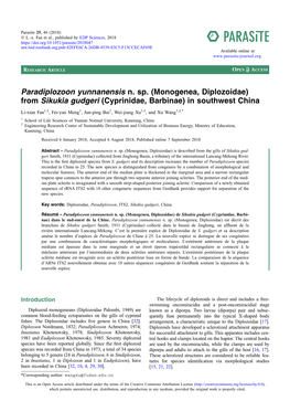 Paradiplozoon Yunnanensis N. Sp. (Monogenea, Diplozoidae) from Sikukia Gudgeri (Cyprinidae, Barbinae) in Southwest China