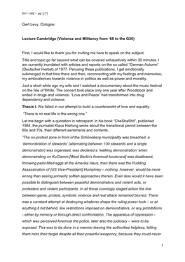 Gert Levy, Cologne: Lecture Cambridge (Violence and Militancy from '68 to the G20) First, I Would Like to Thank You for Inviti