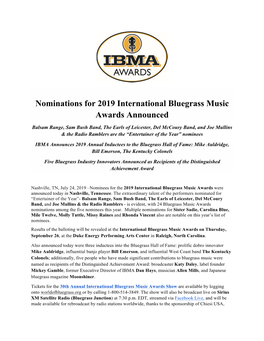 Nominations for 2019 International Bluegrass Music Awards Announced