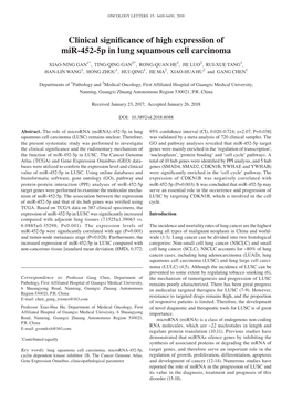 Clinical Significance of High Expression of Mir-452-5P in Lung Squamous Cell Carcinoma