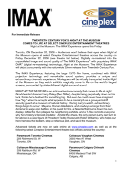 For Immediate Release TWENTIETH CENTURY FOX's NIGHT