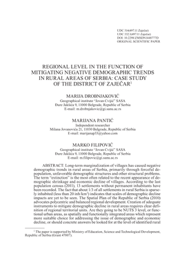 Regional Level in the Function of Mitigating Negative Demographic Trends in Rural Areas of Serbia: Case Study of the District of Zaječar1