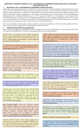 Suggestions to Address the Needs of L.G.B.T., and Gender Non-Conforming Students and Staff in the National Education Policy, 2016