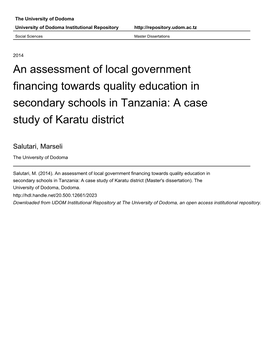 An Assessment of Local Government Financing Towards Quality Education in Secondary Schools in Tanzania: a Case Study of Karatu District