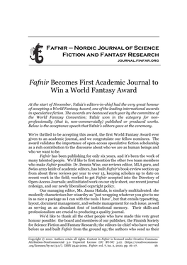 Fafnir Becomes First Academic Journal to Win a World Fantasy Award