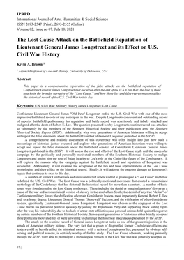 The Lost Cause Attack on the Battlefield Reputation of Lieutenant General James Longstreet and Its Effect on U.S. Civil War History