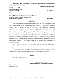 Before the State Information Commission, Maharashtra-Complaint Under Section 18 of RTI Act, 2005