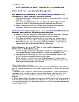 Basic Information About Drinking Water Disinfection, February 2009