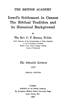 Israel's Settlement in Canaan the Biblical Tradition and Its Historical Background