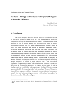 Analytic Theology and Analytic Philosophy of Religion: What’S the Difference?