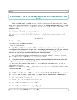 Proclamation of 19 March 1987, Pursuant to Section 8 of the Seas and Submerged Lands Act 1973