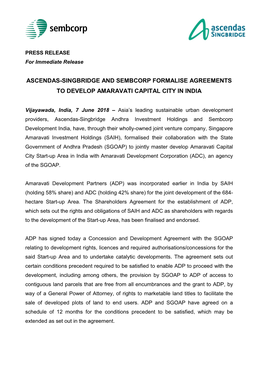 Ascendas-Singbridge and Sembcorp Formalise Agreements to Develop Amaravati Capital City in India