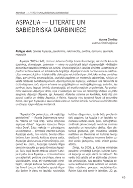 Aspazija — Literāte Un Sabiedriska Darbiniece Aspazija — Literāte Un Sabiedriska Darbiniece