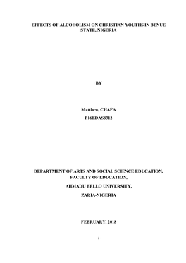 Effects of Alcoholism on Christian Youths in Benue State, Nigeria