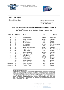 PRESS RELEASE FIM Ice Speedway World Championship – Final 3 and 4