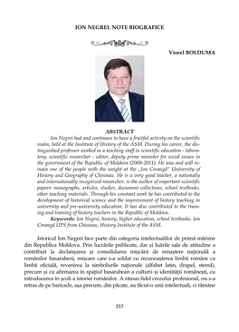 ION NEGREI. NOTE BIOGRAFICE Viorel BOLDUMA ABSTRACT