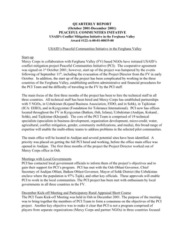 QUARTERLY REPORT (October 2001-December 2001) PEACEFUL COMMUNITIES INITATIVE USAID's Conflict Mitigation Initiative in the Ferghana Valley Award #122-A-00-01-00035-00