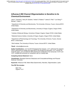 Influenza a M2 Channel Oligomerization Is Sensitive to Its Chemical Environment