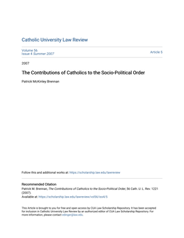 The Contributions of Catholics to the Socio-Political Order