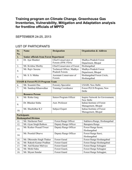 Training Program on Climate Change, Greenhouse Gas Inventories, Vulnerability, Mitigation and Adaptation Analysis for Frontline Officials of MPFD