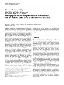 Anthropogenic Climate Change for 1860 to 2100 Simulated with the Hadcm3 Model Under Updated Emissions Scenarios