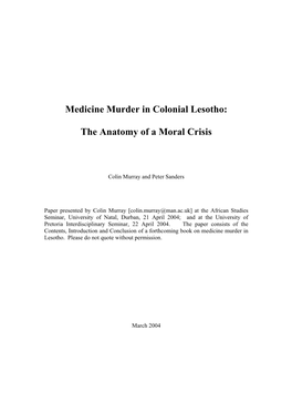 Medicine Murder in Colonial Lesotho