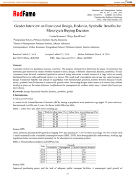 Gender Interview on Functional Design, Hedonist, Symbolic Benefits for Motorcycle Buying Decision