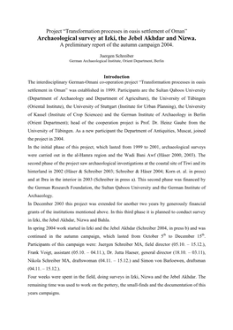 Archaeological Survey at Izki, the Jebel Akhdar and Nizwa. a Preliminary Report of the Autumn Campaign 2004