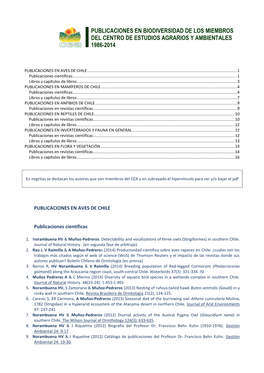 Publicaciones En Biodiversidad De Los Miembros Del Centro De Estudios Agrarios Y Ambientales 1986-2014