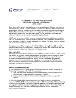Statement of Yes Prep Public Schools on District-Charter Partnerships April 4, 2018