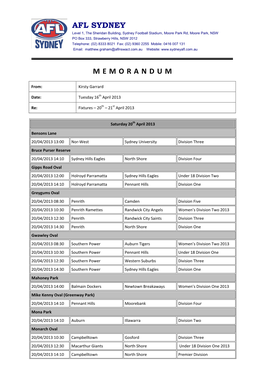 Afl Sydney Memorandum