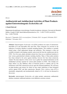 Antibacterial and Antidiarrheal Activities of Plant Products Against Enterotoxinogenic Escherichia Coli