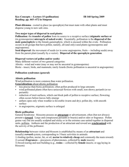 Key Concepts -- Lecture 15 (Pollination) IB 168 Spring 2009 Reading: Pp. 465--472 in Simpson Plant Dilemma