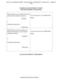 Settlement Terms, As Approved by Cargill’S Counsel and Class